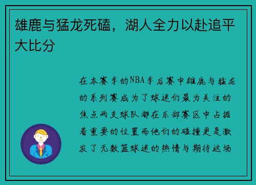 雄鹿与猛龙死磕，湖人全力以赴追平大比分